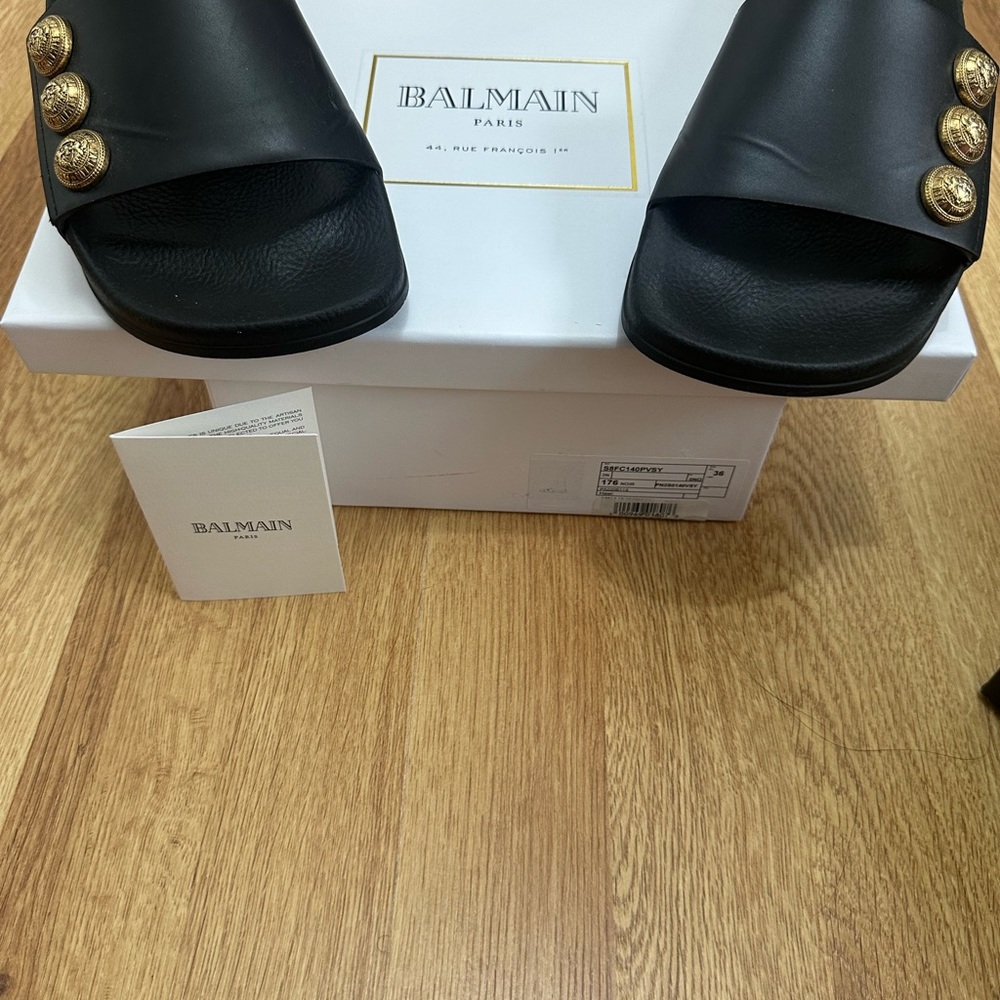 Balmain Black Slides with Gold Buttons authentic